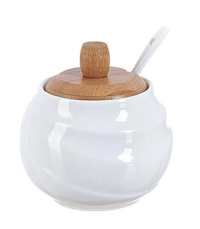 Zahăr-niță ceramică albă capac bambus cu linguriță